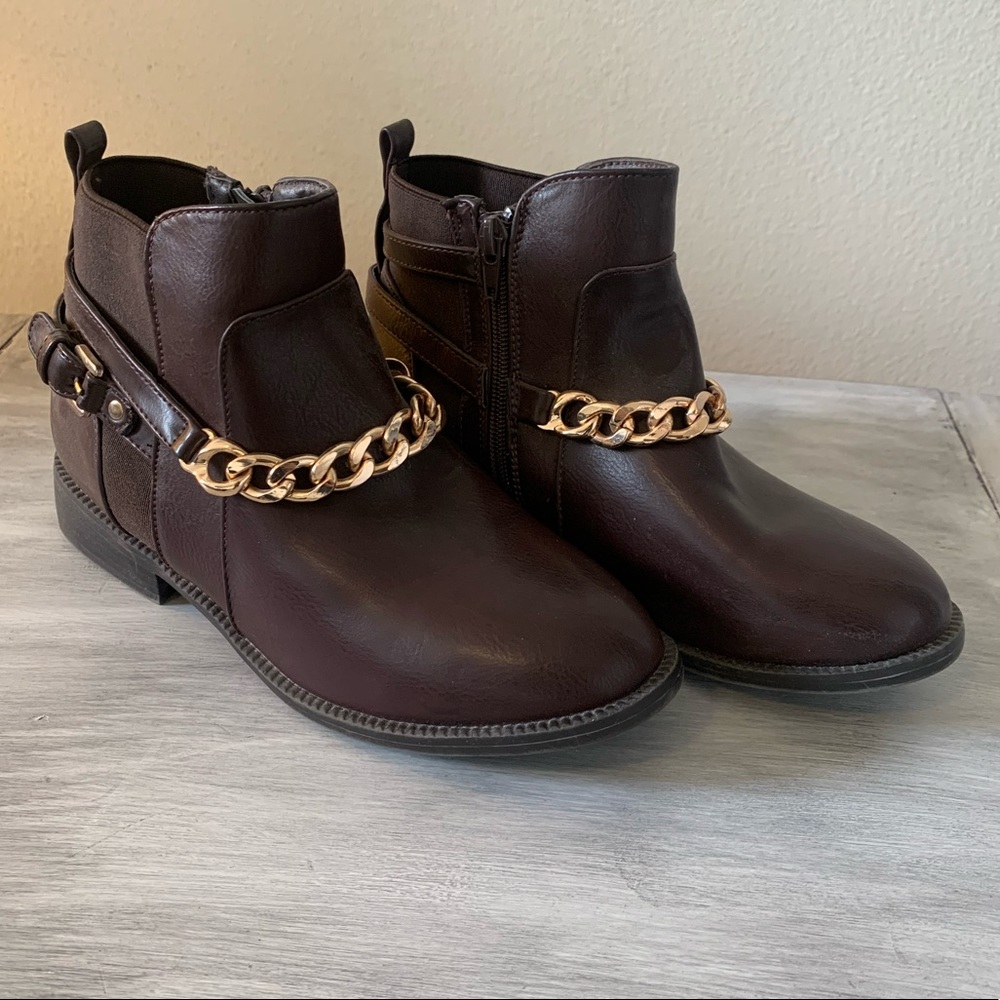 Brown Faux Leather Ankle Boots w/ chain accent